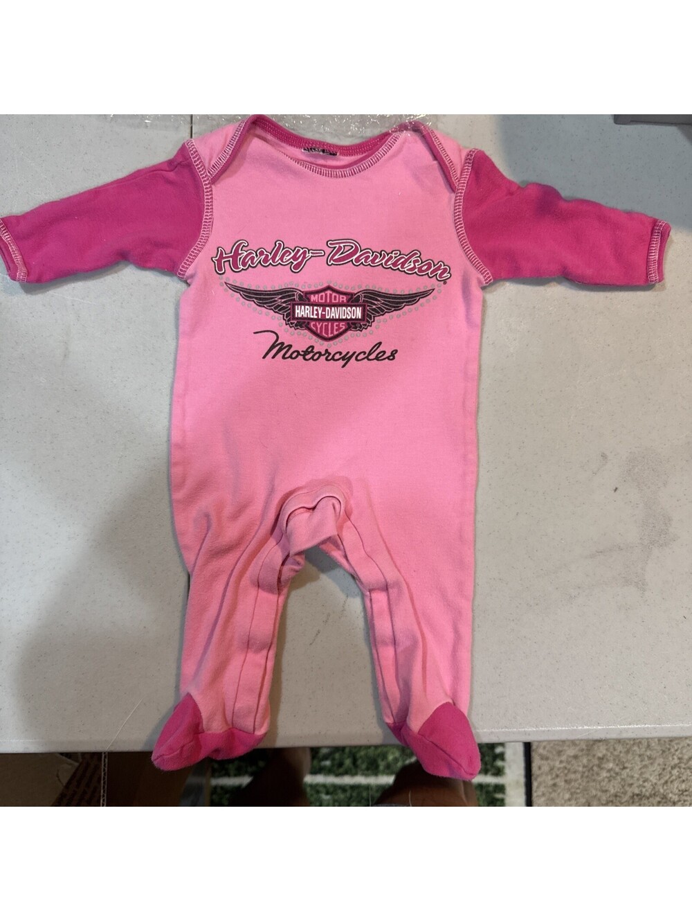 VTG Harley Davidson Baby Pink Footed Sleeper Romper Mitten Cuffs Y2K 3-6M